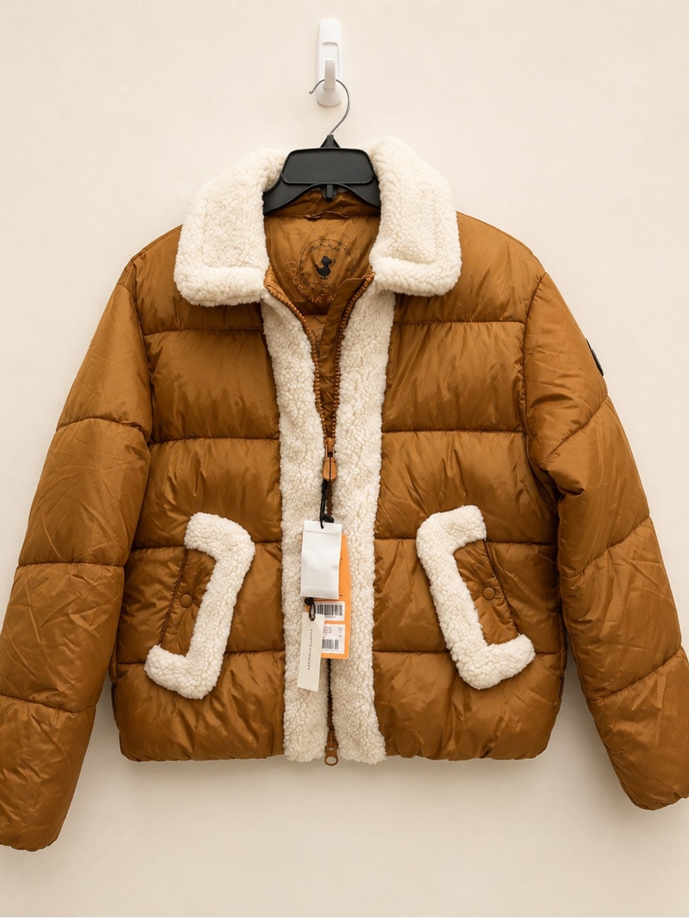 SAVE THE DUCK Camel Puffer Jacket with Cream Sherpa Trim